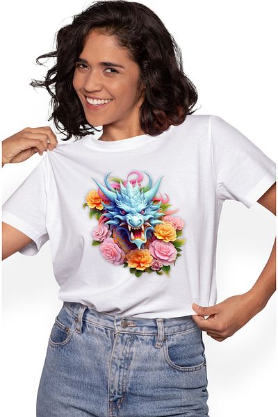 StoryGift Romania Tricou Femei cu un dragon albastru furios, isi arata coltii, an chinezesc, ilust WHT_XS
