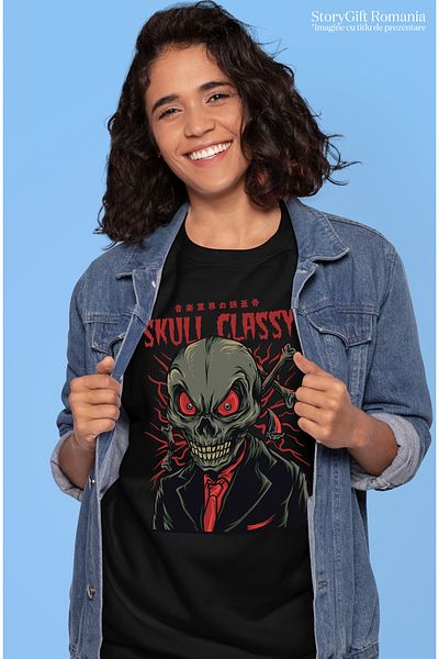 StoryGift Romania Tricou Femei Cu Portret Schelete Craniu Om Cu Costum Camasa Rosie, Oase Rupte, T BLK_L