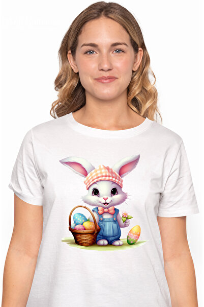 StoryGift Romania Tricou Femei cu un iepuras harnic, ilustratie, cosulet cu oua vopsite, floare, n WHT_M