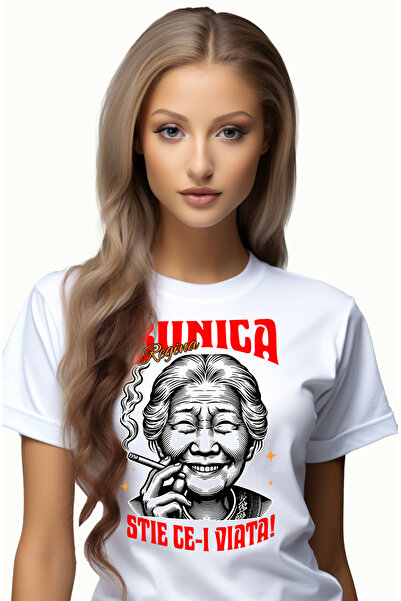 StoryGift Romania Tricou Femei Bunica Vesela Stie Ce e Viata Text Haios Familie cu imprimeu pe Fat WHT_L