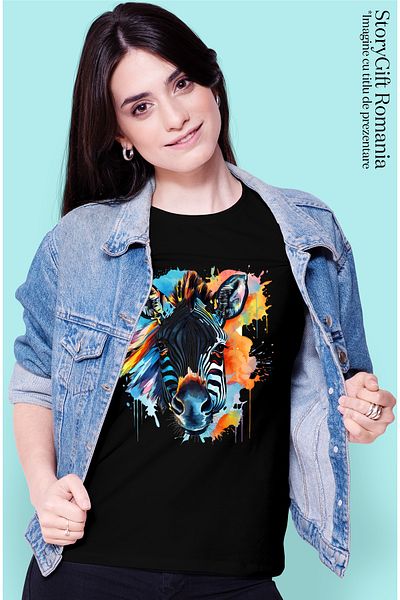 StoryGift Romania Women's T-shirt with a zebra, illustration, wild animal, abstract, color spots BLK_L
