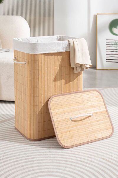 İronika Bambu Kirli Çamaşır Sepeti Halatlı Bambu Çamaşır Oyuncak Sepeti Dikdörtgen