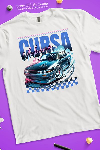 StoryGift Romania Tricou Femei cursa urbana viteza masina puternica adrenalina cu imprimeu pe Fata WHT_M