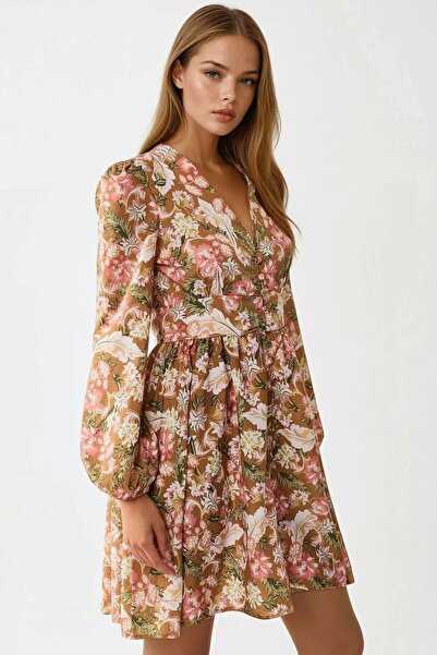 Hiccup Floral Print V-Neck Mini Dress with Button Front
