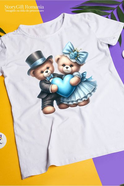 StoryGift Romania Tricou Femei cu 2 ursuleti de plus care tin o inima albastra, ilustratie, rochie WHT_L