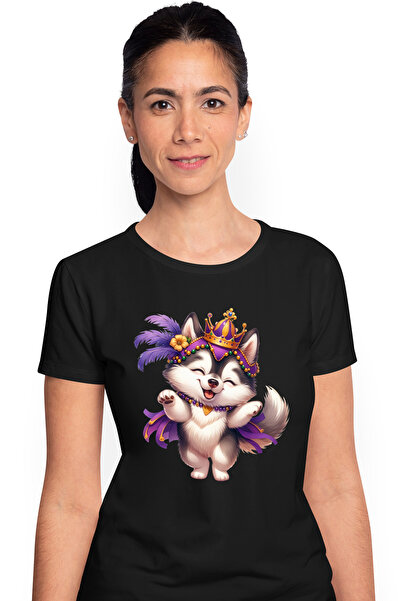 StoryGift Romania Tricou Femei cu un catel Husky, coroana, ilustratie, pene, ...