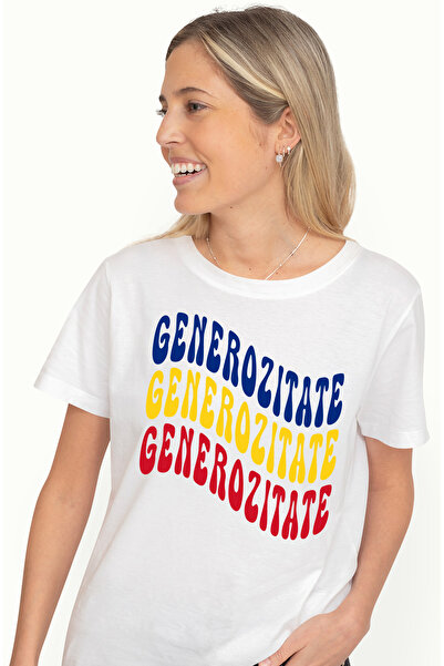 StoryGift Romania Tricou Femei Cuvantul Generozitate, in Culorile Steagului Romaniei, Rosu, Galben WHT_XL
