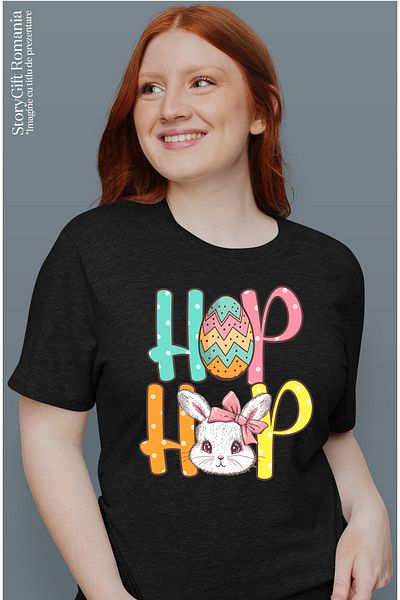 StoryGift Romania Tricou Femei cu iepurasul de Paste cu mesajul "Hop hop", Paste fericit, ilustrat BLK_XL