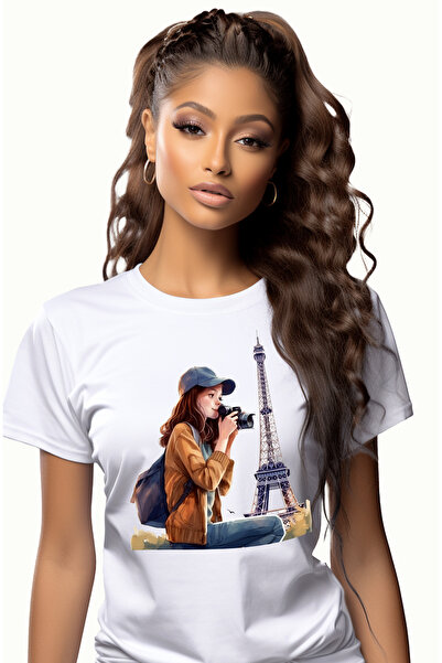 StoryGift Romania Tricou Femei cu o fata care face fotografii, calatorie, ilustratie, la Paris, Tu WHT_XS