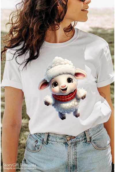 StoryGift Romania Tricou Femei cu o oita vesela cu fular, ilustratie vesela, frig, ger cumplit, fe WHT_L