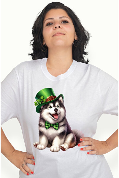 StoryGift Romania Tricou Femei cu un catel Husky cu palarie verde, ilustratie...