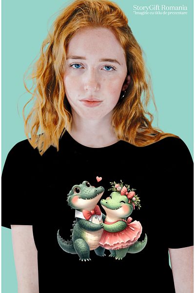 StoryGift Romania Tricou Femei cu 2 crocodili, ilustratie, funda, floricele, rochie, danseaza, ini BLK_L