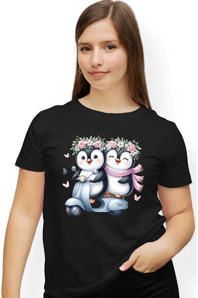StoryGift Romania Tricou Femei cu 2 pinguini care se plimba cu scuterul, ilus...