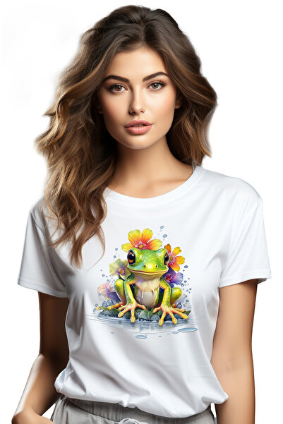 StoryGift Romania Tricou Femei cu o broasca verde, ilustratie, flori de diver...