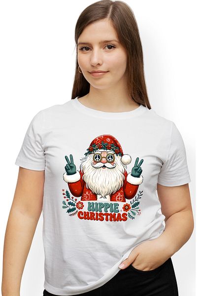 StoryGift Romania Tricou Femei cu Mos Craciun cu mesajul "Hippie Christmas", Craciun fericit, ilus WHT_XS