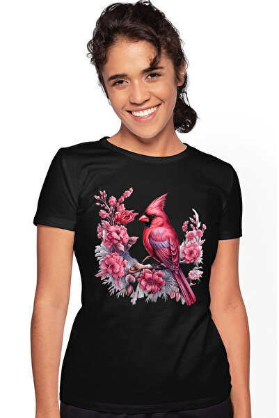 StoryGift Romania Tricou Femei cu o pasare roz, ilustratie, floricele, ramura...