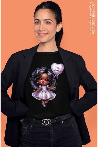 StoryGift Romania Tricou Femei cu o fetita de culoare care tine un balon cu mesajul "Happy Valenti BLK_M
