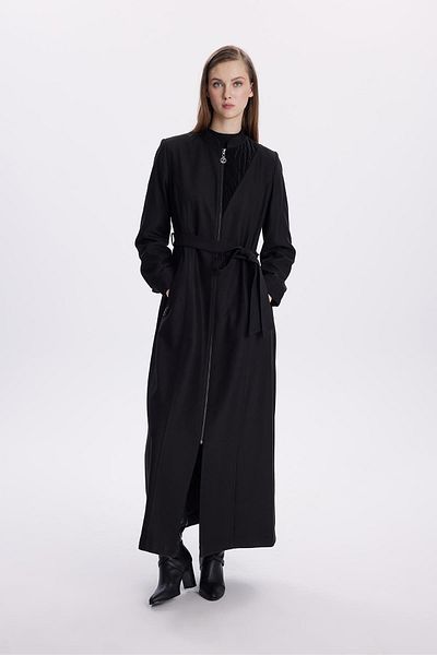 Zühre Black Overcoat with Judge Collar and Zippered Belt Detail 13598