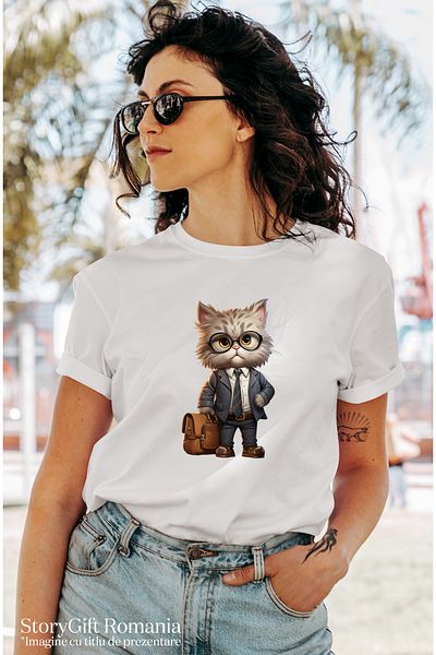 StoryGift Romania Tricou Femei Cu Un Motan La Costum, Ilustratie, Servieta, Ochelari, Pentru Iubit Wht_m