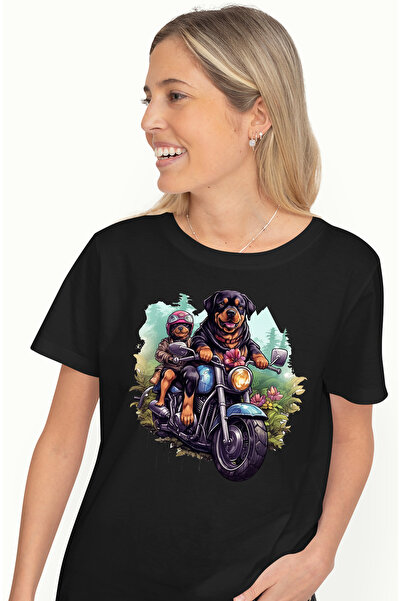 StoryGift Romania Tricou Femei cu 2 caini Rotweiller care se plimba cu motoci...