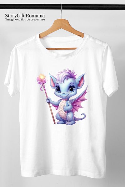 StoryGift Romania Women's T-shirt with a baby dragon holding a staff in its hand, magic, flower, spell WHT_M