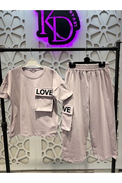 KUMRUNUN DÜNYASI Love Printed Pocket T-Shirt Loose Wide Leg Short Leg Purple Sweatpants Girls' Bottom Top Set