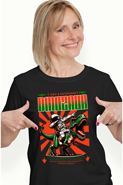 StoryGift Romania Tricou Femei Astronaut pe T-Rex Dinozaur, cu imprimeu pe Fa...