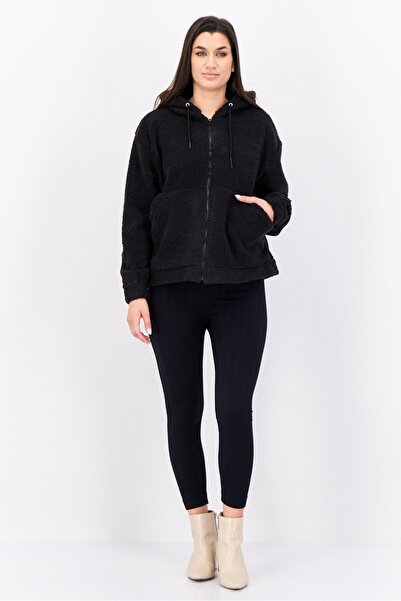 Hype Women Hooded Textured Fleece Long Sleeves Sweatshirt, Black