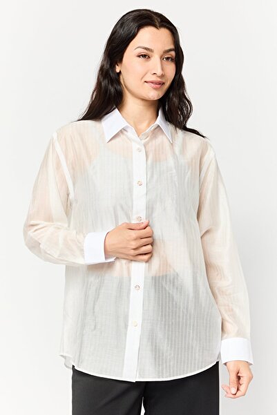 Esprit Women Spread Collar Long Sleeve Stripe Shirt, White