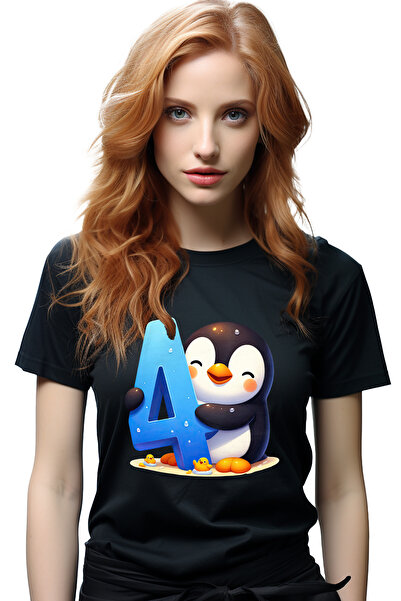 StoryGift Romania Tricou Femei cu un pinguin vesel care tine cifra "4", ilust...