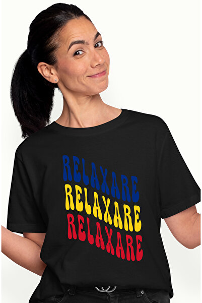 StoryGift Romania Tricou Femei Cuvantul Relaxare, in Culorile Steagului Romaniei, Rosu, Galben, Al BLK_L