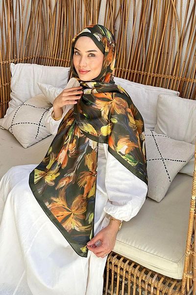 lamelif Flower Pattern Soft Shawl Khaki