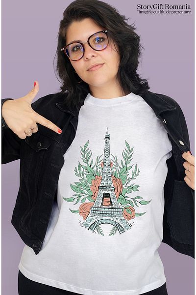 StoryGift Romania Tricou Femei Cu Turnul Eiffel, Trandafiri Rosii In Spate, Paris, Cadou Pentru Iu WHT_L