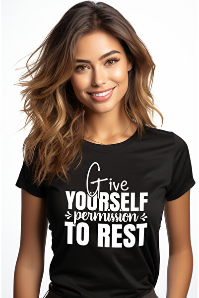 StoryGift Romania Tricou Femei cu mesaj incurajator in engleza "Give yourself permission to rest" BLK_XS