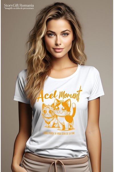 StoryGift Romania Tricou Femei Doua pisici dragute, text acel moment cand vrea cu imprimeu pe Fat WHT_XL