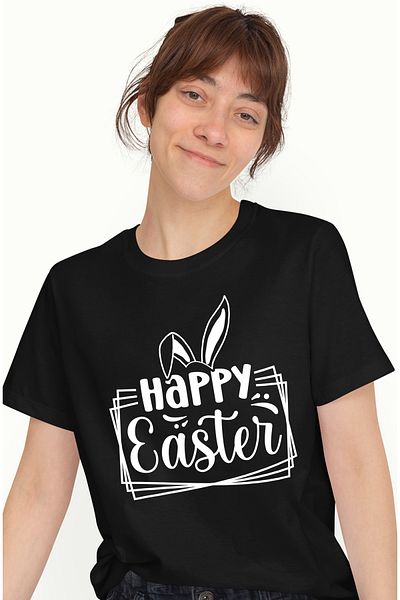 StoryGift Romania Women's T-shirt with rabbit ears and the text "Happy Easter!" - printed greeting BLK_XS