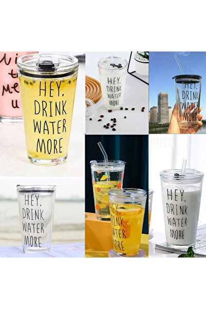 PUFO Drink Water transparent glass coffee mug with lid, 450 ml