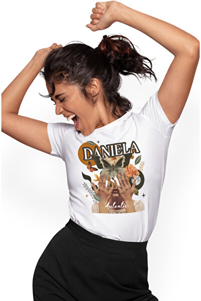 StoryGift Romania Tricou Femei Cu Numele Daniela, Colaj Fata, Fluture, Flori,...