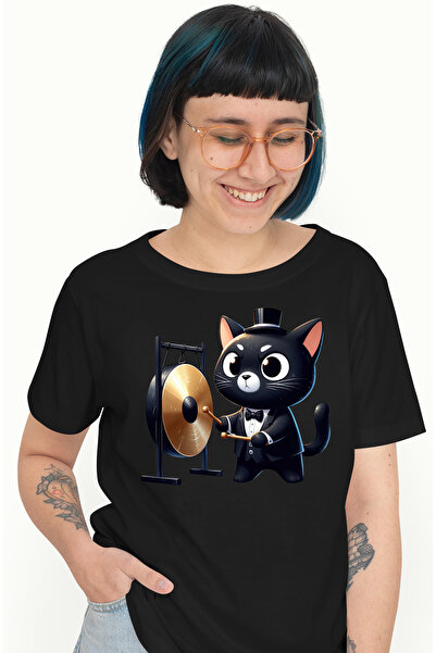 StoryGift Romania Tricou Femei cu o pisica neagra care bate la gong, ilustratie, serioasa, nervoas BLK_L