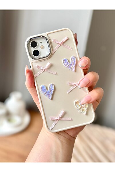 MİRAZ TASARIM Iphone 11 3d bow/heart decorated ecru case