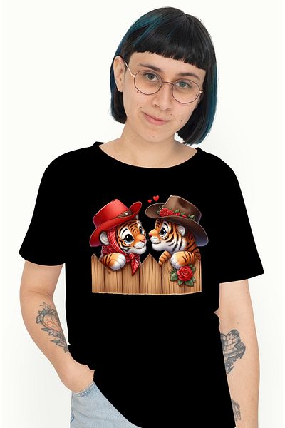 StoryGift Romania Women's T-shirt with 2 tigers, illustration, Wild West, cowboy hat, fence, t BLK_XS