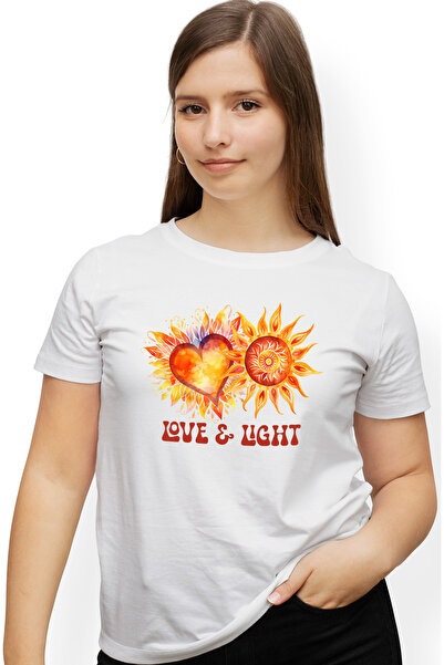 StoryGift Romania Tricou Femei cu mesajul "Love & light", ilustratie, iubire si lumina, inima, soa WHT_M