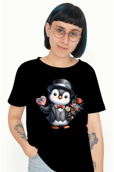 StoryGift Romania Tricou Femei cu un pinguin la costum care tine un buchet cu...