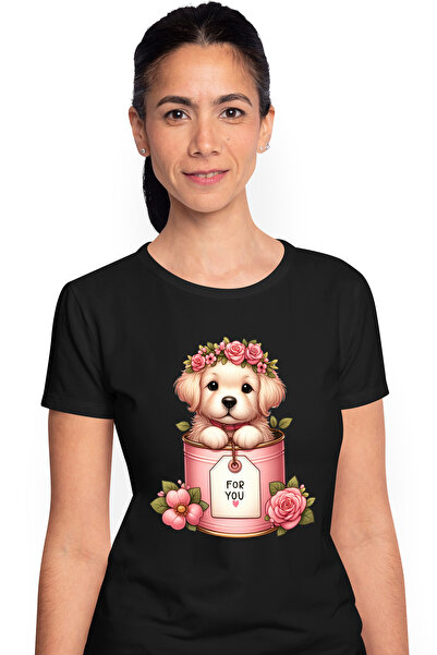 StoryGift Romania Tricou Femei cu o catelusa Golden Retriever care iese dintr-o conserva, ilustrat BLK_XS