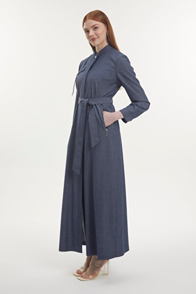 Zühre Judge Collar Belted Indigo Overcoat with Zipper Pockets 13773