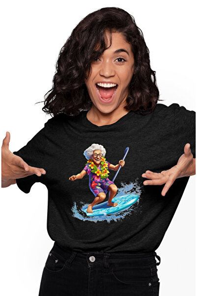 StoryGift Romania Tricou Femei cu o femeie in varsta care se da cu placa de surf, sport extrem, en BLK_XL