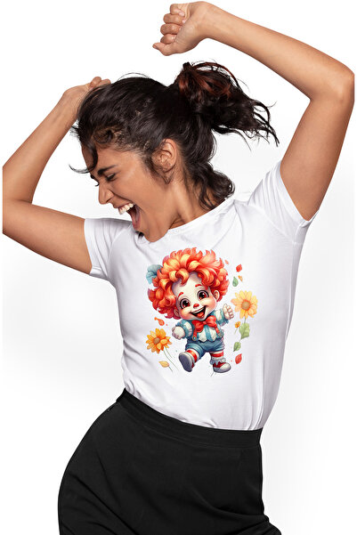 StoryGift Romania Tricou Femei cu un copilas clovn, ilustratie, flori, comic,...