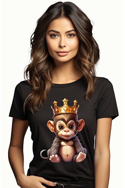 StoryGift Romania Tricou Femei cu o maimuta care poarta o coroana regala, ilustratie, nobilime, pu BLK_XS