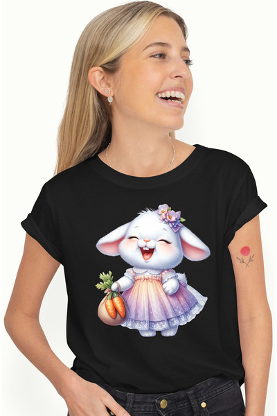 StoryGift Romania Tricou Femei cu o iepuroaica vesela, ilustratie, rade, flor...
