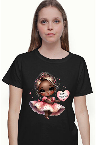 StoryGift Romania Tricou Femei cu o fetita dragalasa, ilustratie, rochita, roz, coronita, inimioar BLK_XS